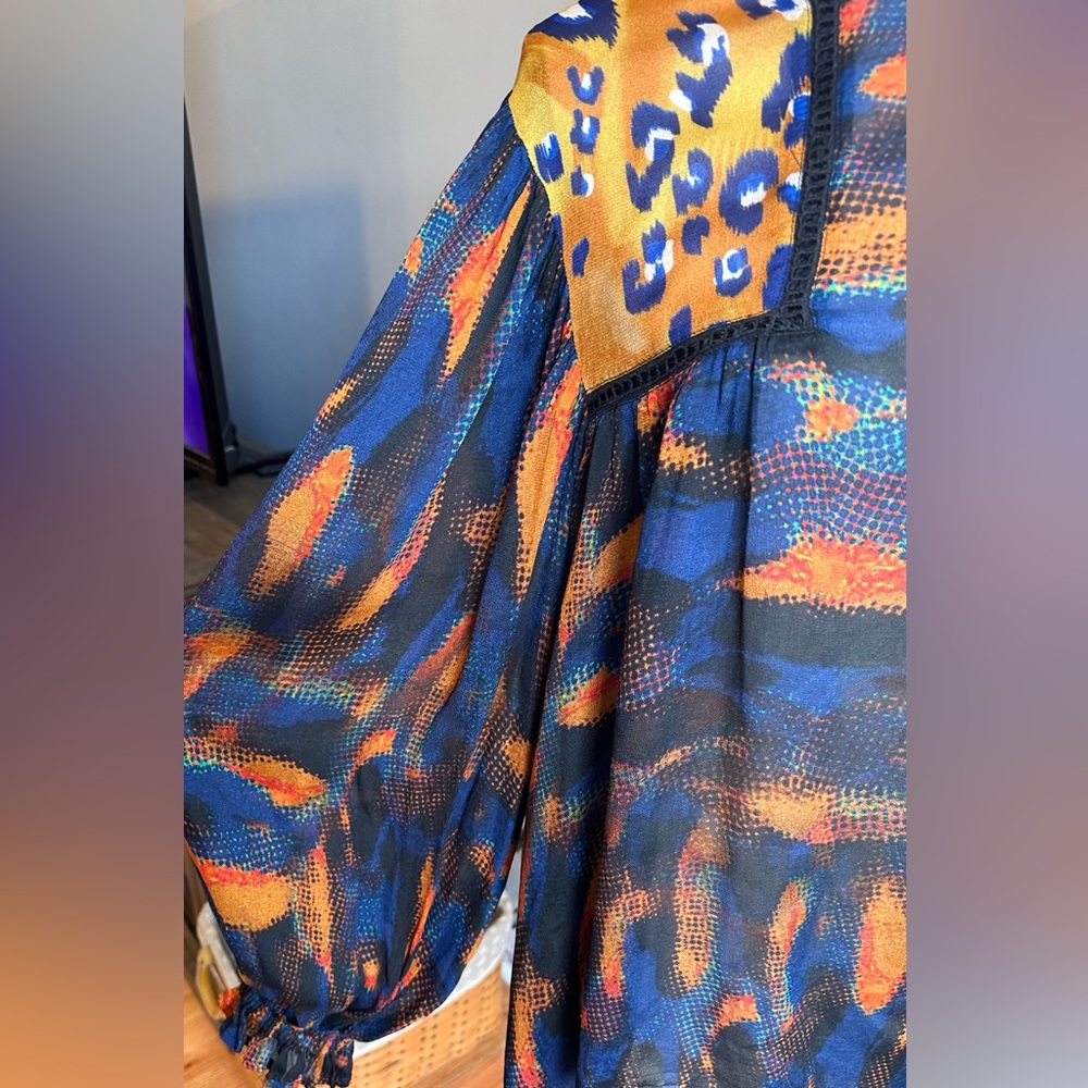 Anthropologie Blank London Eclectic Leopard Peasant Blouse Blue Orange Medium - Picture 5 of 12